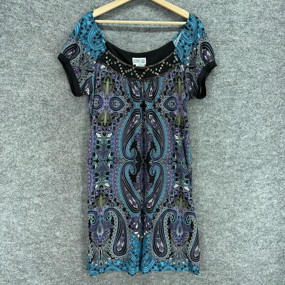 Robbie Bee Dress Women 14 Blue Paisley Shift Midi Short Sleeve Round Neck Casual - Picture 1 of 6